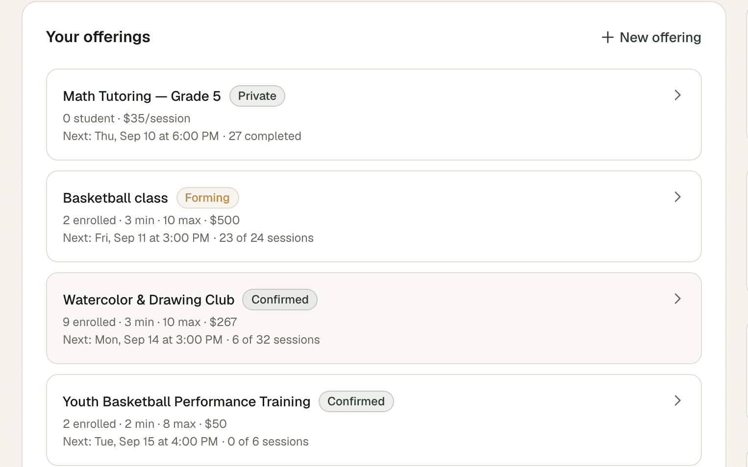 A teacher’s list of offerings in Pydia, each showing status and enrollment